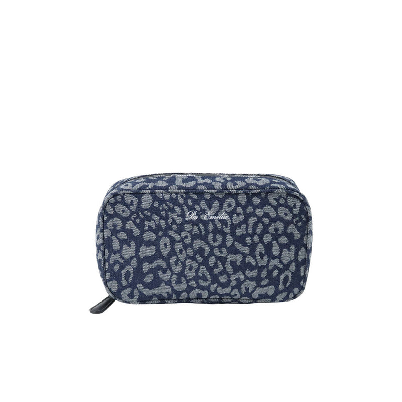 Leopard-print Denim w/Calfskin Cosmetic Bag EC2732