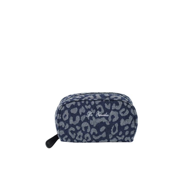 Leopard-print Denim w/Calfskin Cosmetic Bag EC2733