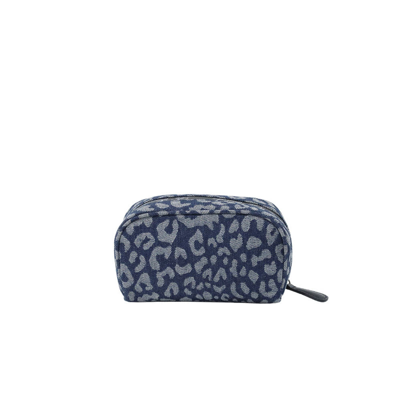 Leopard-print Denim w/Calfskin Cosmetic Bag EC2733